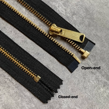 画像をギャラリービューアに読み込む, Ideal Zipper #5 teeth&amp;slider/brass tape/black Open/Closed 30/40/60/70cm